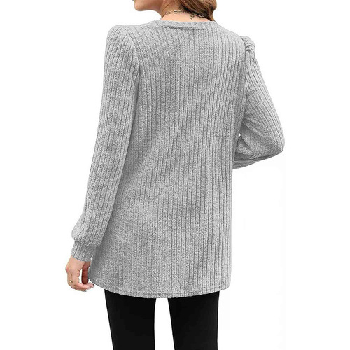 Amazon Western Cross-border New Autumn/Winter Stock Long-sleeve Knit Top Round Neck Striped Pure Color Pockets Women's Long Dress