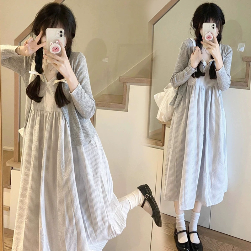 Ранняя весна 2025 новая беременная мама хлопчатобумажное кружевное платье с V-образным вырезом + вязаный кардиган