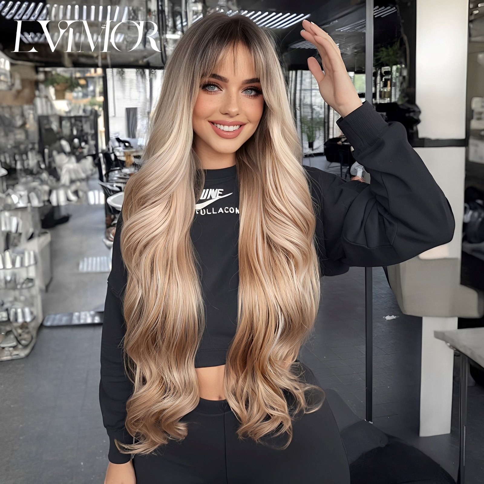 Comercio exterior europeo y americano Venta caliente peluca recta flequillo onda grande Pelo Rizado degradado marrón alta temperatura seda fibra química peluca cabeza cubierta