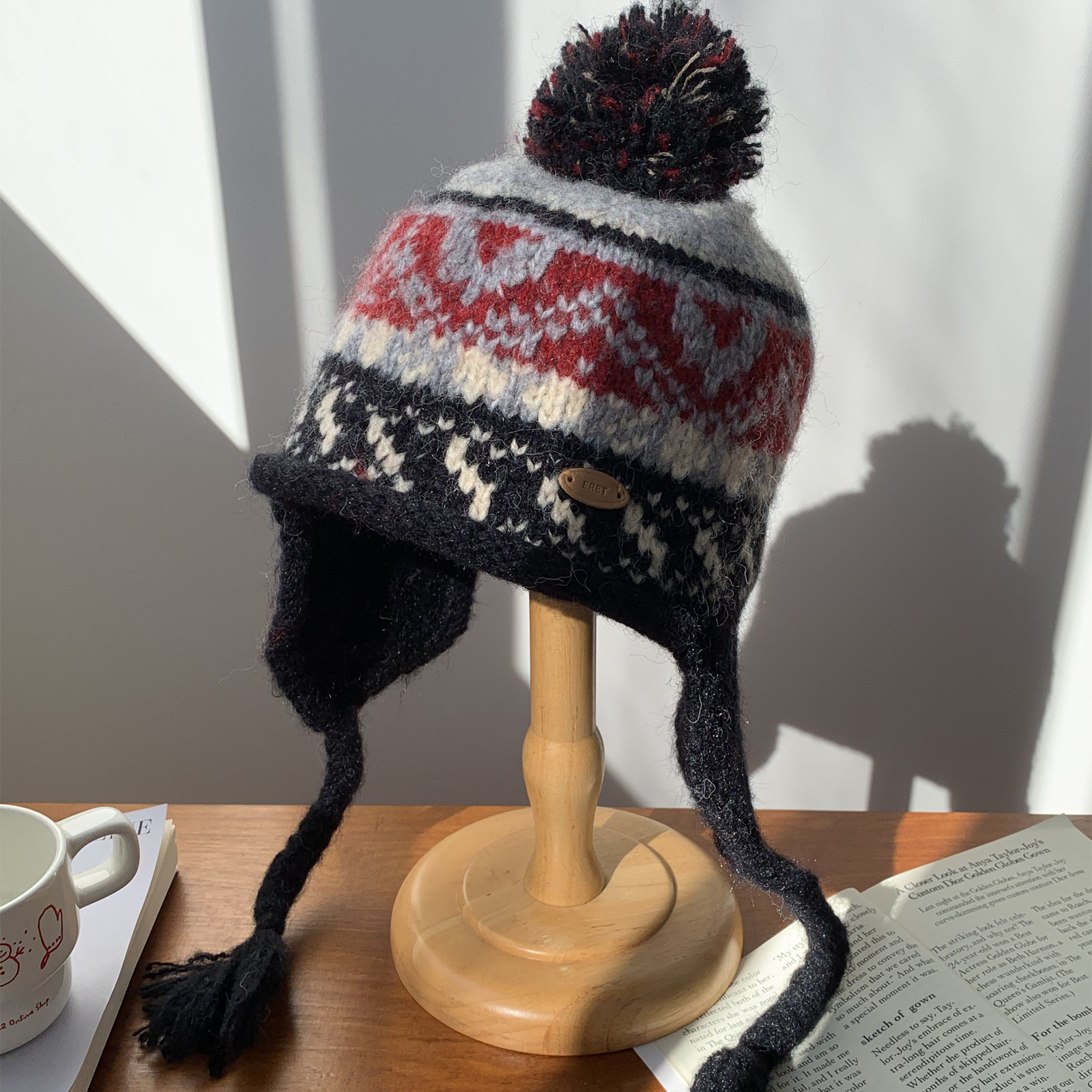 フェア島風毛糸帽子女子秋冬レトロ百合大頭囲保温ニット帽子顔小耳保護帽子