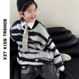 xzt2023秋冬新款童装  美式刷毛加厚黑白条纹儿童男女童圆领毛衣