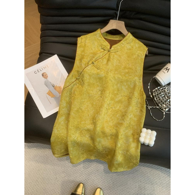 2026 Summer New Chinoiserie National Style Retro Chic Design Light Brown Jacquard Stand Collar Sleeveless Rayon Shirt for Women