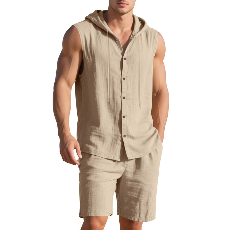 Amazon Cross-Border Summer Men's Loose Casual Linen Hooded Vest Sleeveless Trendy Shirt Shorts Set for Men
