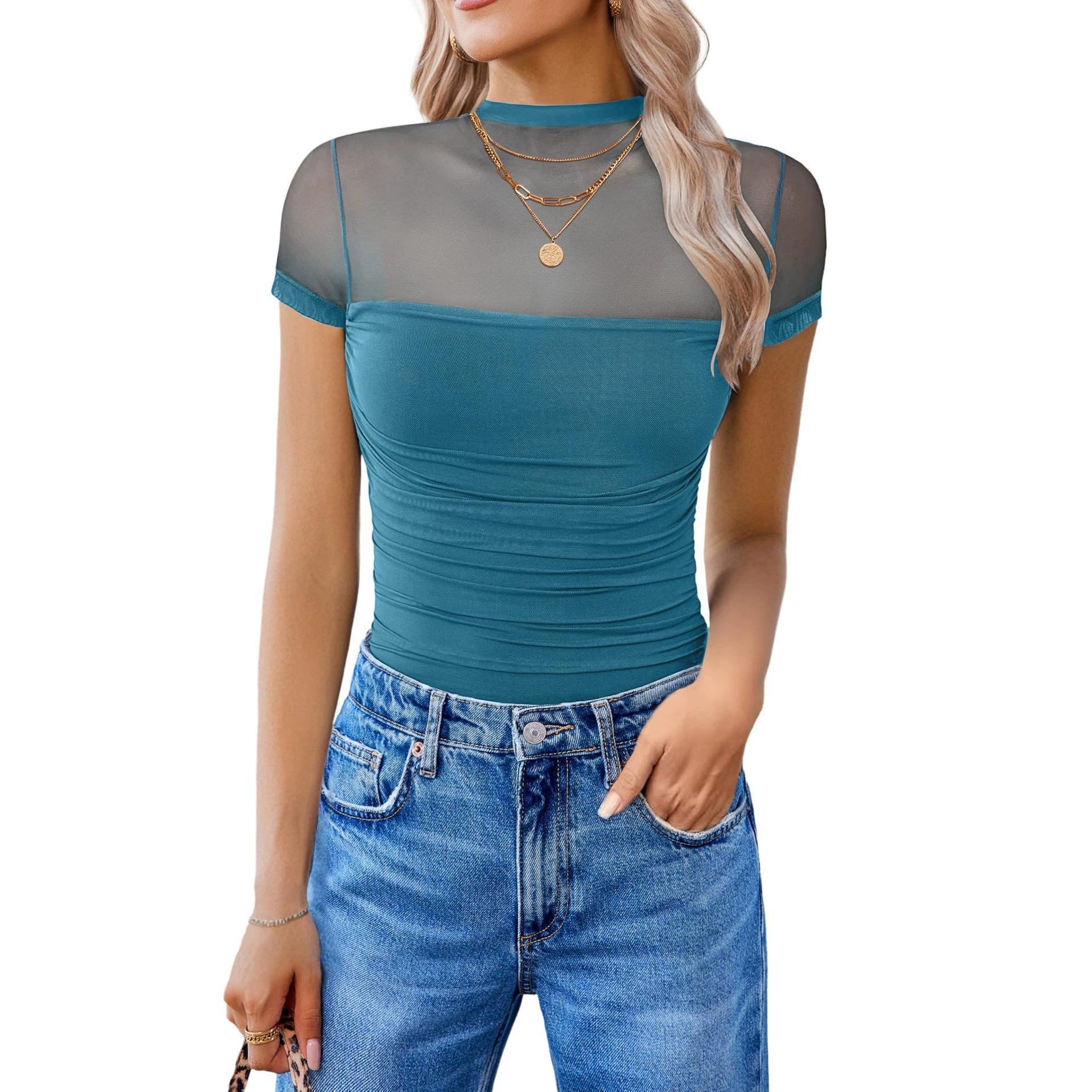 2026 Spring/Summer Women's Stylish Slim-Fit One-Piece Short-Sleeve High-Neck Sexy Jumpsuit for Summer Outings and Dates