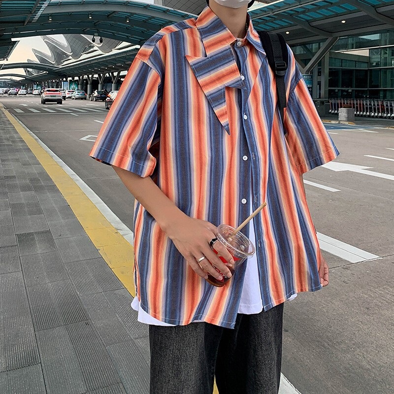 Wholesale 2022 Summer Japanese Style Hong Kong Style Vertical Striped Shirt Korean Style Personality Trend Art Student Short Sleeve Shirt