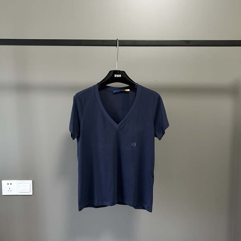 オリジナル品質100綿ラフ小馬標刺繍vネックtシャツ薄い通気性シンプルな女性上着