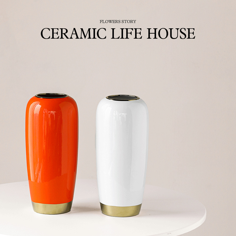 New Chinese-style light luxury electroplated gold edge pomegranate red fruit floral ceramic vase home decoration