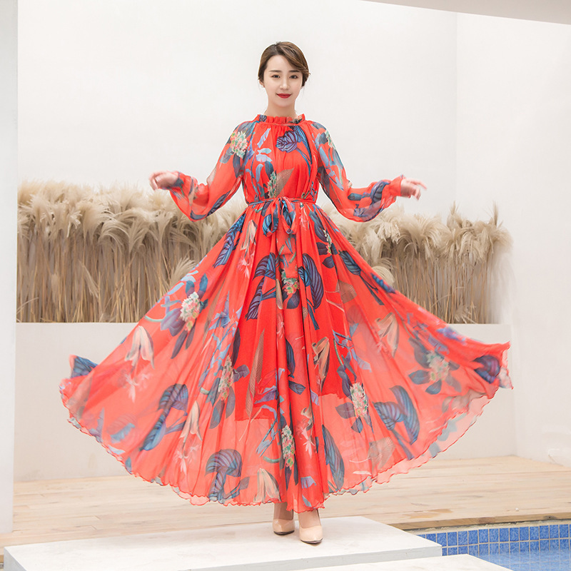 2024 Spring and Summer New Slim Chiffon Long-Sleeved Dress with High-End Printing 8m Large Swing Skirt Holiday Style Beach