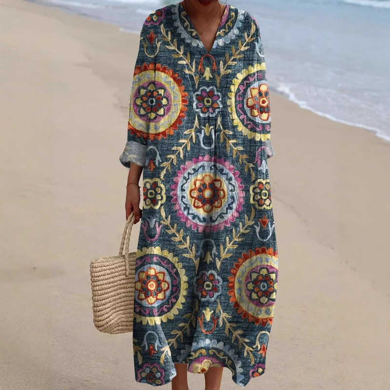 Cross-Border Independent Site Amazon Long-Sleeve Shirt Dress for Women Casual Floral Print Long-Sleeve Dress
