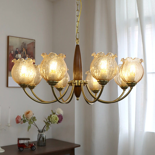 Chinese antique living room chandelier creative solid wood dining room bedroom lamp Japanese retro American-style guesthouse copper-colored floral glass lamp