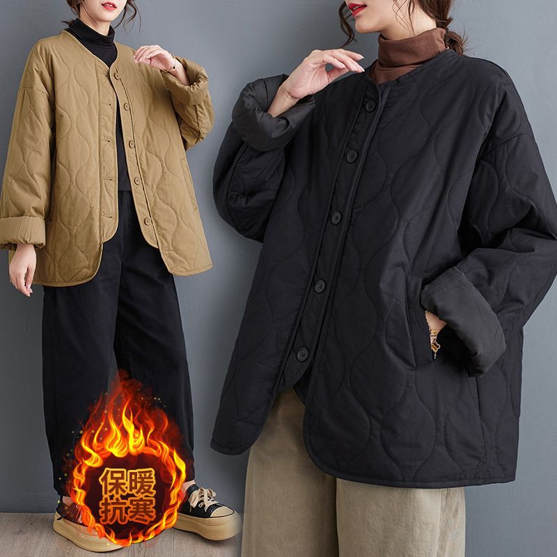 Japanese and Korean Foreign Trade Export Brand Tailstock Winter Korean Style Retro Loose Casual Thin Round Neck Diamond Plaid Cotton-padded Coat Women