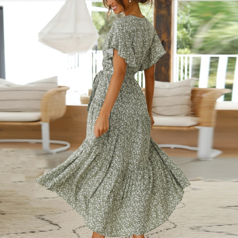 chiffon printing high-waist V-neck dress  NSGE42259