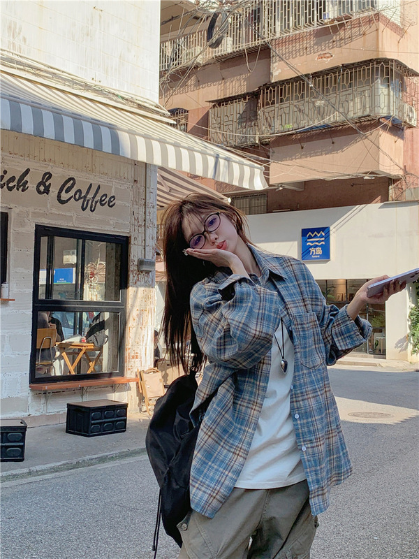 韓国版の新型のゆったりした長袖の格子のシャツの婦人服の春と秋のカジュアルな怠惰なシャツの上着の女性の上着|undefined