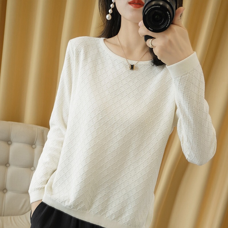 100% cotton spring and autumn women's knit sweater, round neck pullover, hollow-out base shirt, pure cotton, simple and versatile top 100% cotton spring and autumn women's knit sweater, round neck pullover, hollow-out base shirt, pure cotton, simple and versatile top