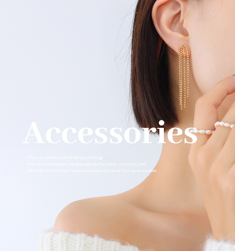 Autumn And Winter European And American Elegant Ins Style Tassel Ball Bead Chain Earrings Titanium Steel 18k Gold Plating Earrings Wholesale F558 display picture 3