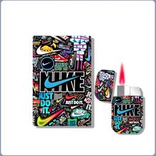 炫酷新款潮牌自动弹盖粗支烟盒个性粉色火焰防风充气打火机套装