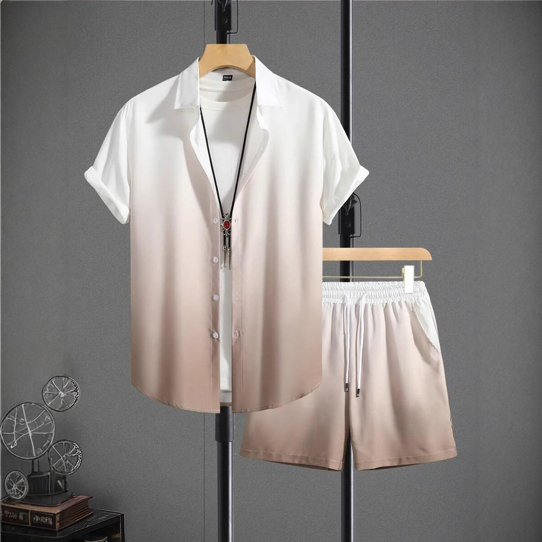 Venta caliente color degradado impresión 3D spot transfronterizo Xiyin verano hawaii vacaciones camisa pantalones cortos conjunto 2 piezas