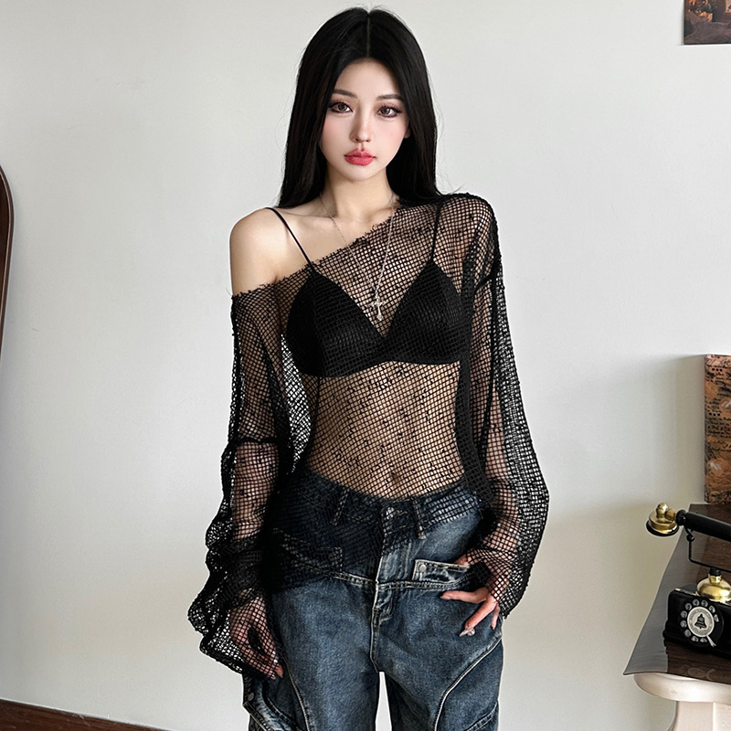 In-Stock Wholesale Spicy Girl Style Design Fishnet Hollow-Out Off-Shoulder Long-Sleeve T-Shirt Trendy Cool Base Layer Short Top for Women Ins Trend