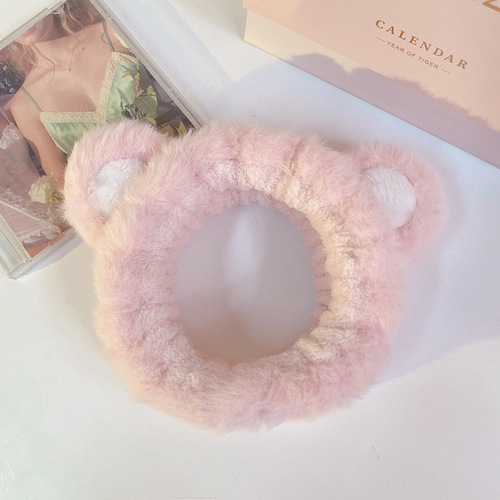 Original design autumn and winter fluffy bear round ear hair tie with rabbit fur embroidery ears face washing makeup hair tie