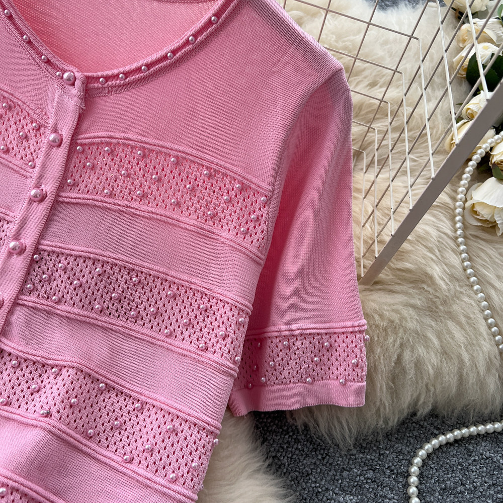 Women's Soft Pink Knit Two Piece Set Slim Fit Waist Cinching Fishtail Skirt Suit for Summer_ecoleips.com