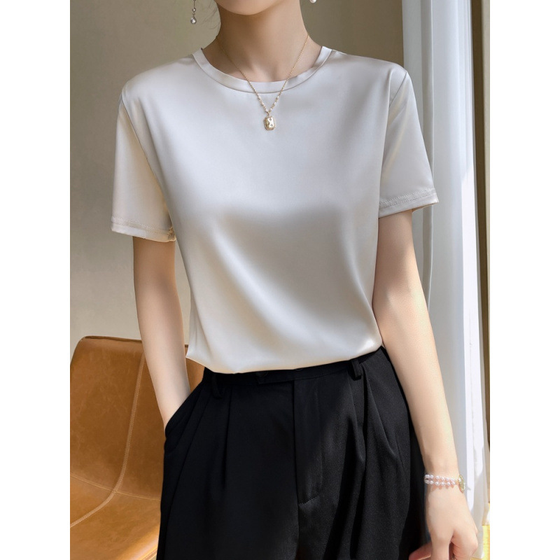 Acetate Satin Round Neck Short-Sleeved T-Shirt for Women Summer New Fashion Versatile Half-Sleeved T-Shirt Women's Tops Douyin Dropshipping