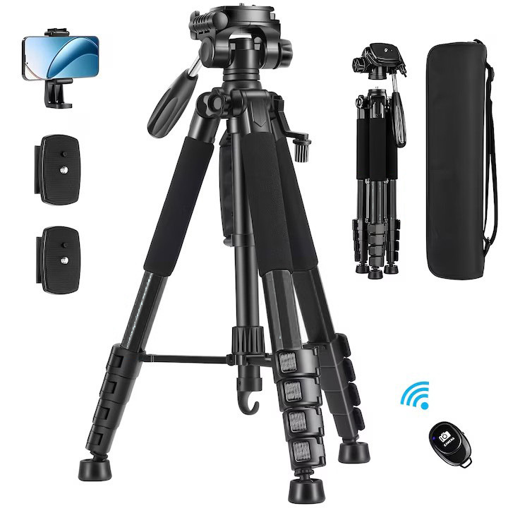 Q188 negro + clip ajustable para teléfono móvil + control remoto Bluetooth para teléfono móvil + 2 placas de liberación rápida