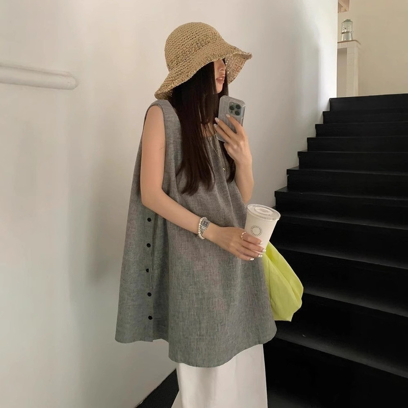 小众设计感侧边纽扣背心连衣裙女夏季宽松休闲无袖A字短裙小个子|undefined