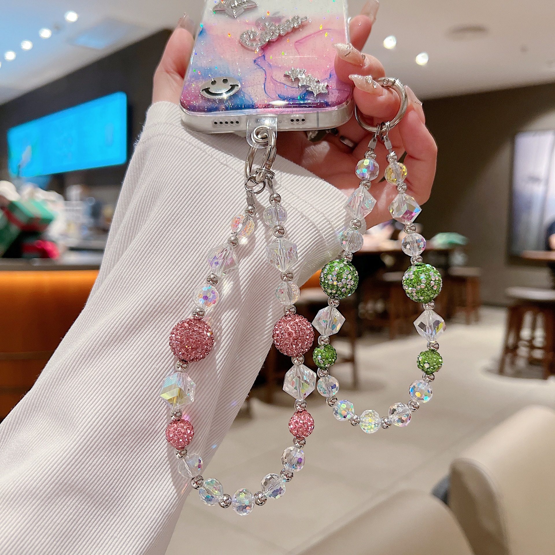 Bola de cristal de verano de alta calidad, funda para teléfono móvil, cadena de joyería de cordón, muñeca colorida, cadena corta, envío anti-pérdida