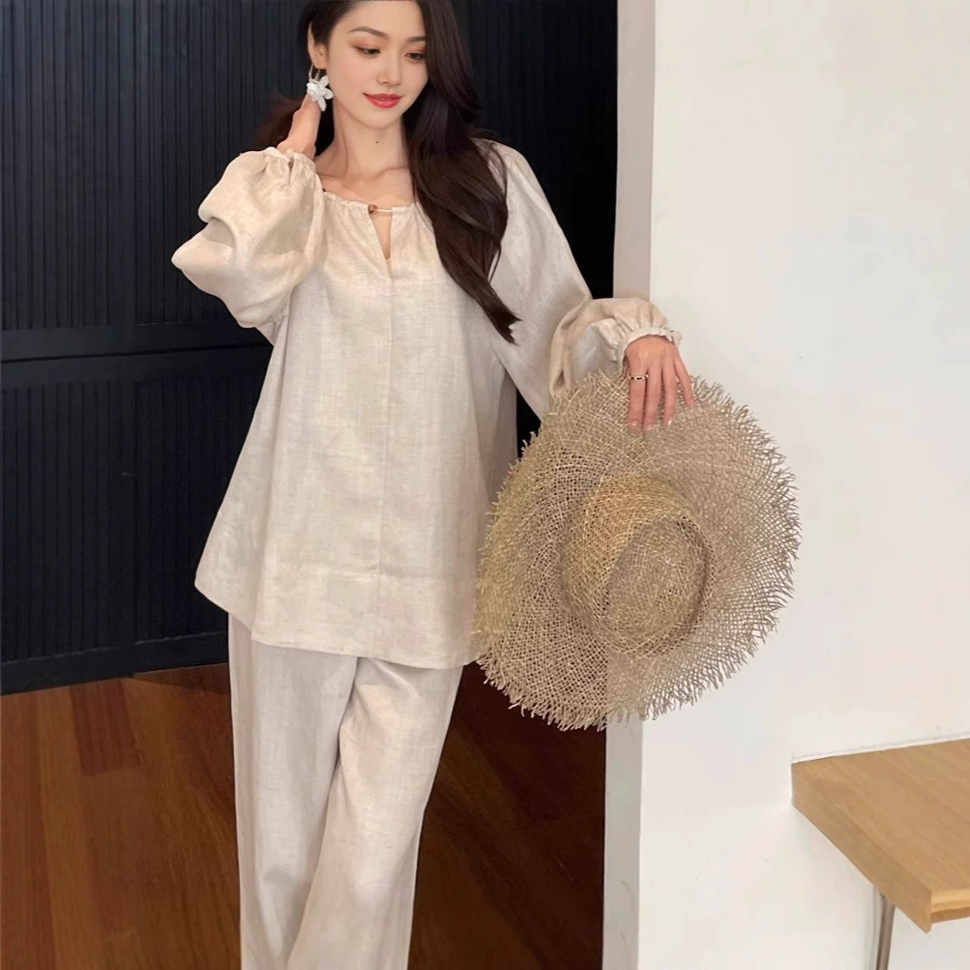 NanYou 2025 новый льняной елочка рукава рубашка широкие брюки простой расслабляющий темперамент набор из двух частей