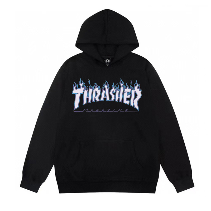 Autumn and winter trendy brand Thrasher hooded sweatshirt, flame-patterned pullover jacket, available for cross-border drop shipping, lightweight and fleece-lined, unisex