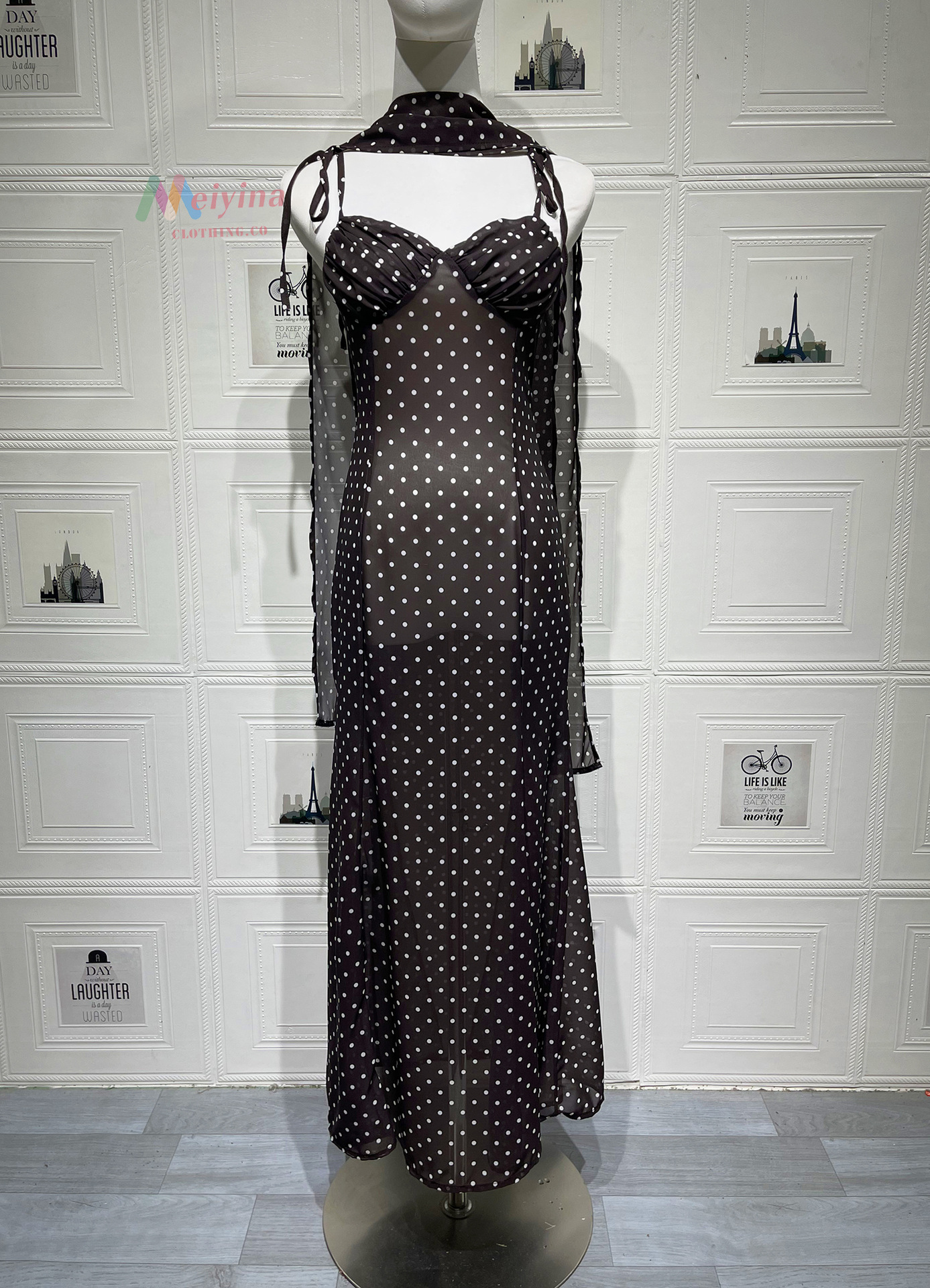 Women Elegant Spaghetti Strap Polka Dot Print Backless Dress Stylish Scarf Decor Slimming Party Vacation Dress_ecoleips.com