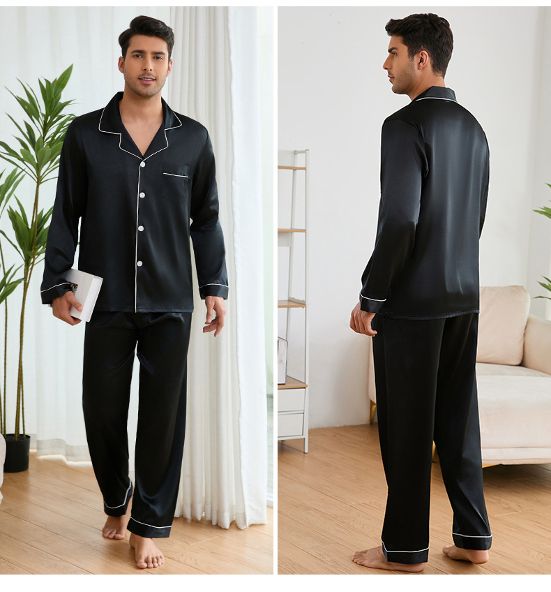 Yaoyin Herren-Pyjama aus Eisseide, Frühlings- und Herbstset, Hochzeits-Set, rote Ärmel, lange Hose, Hausanzug TZ21762_voghion.com