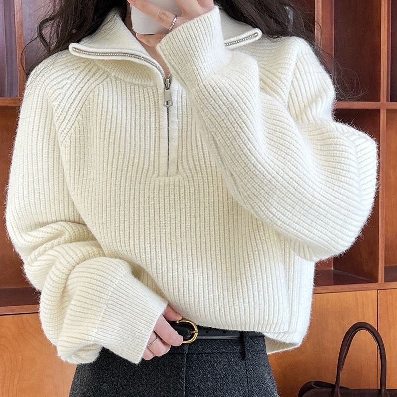 半拉链立领红色毛衣女秋冬2025新款韩版宽松慵懒风针织衫翻领上衣|undefined
