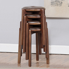 全实木餐凳软包皮凳客厅高板凳可叠放圆凳子方凳化妆凳2/4/6把装
