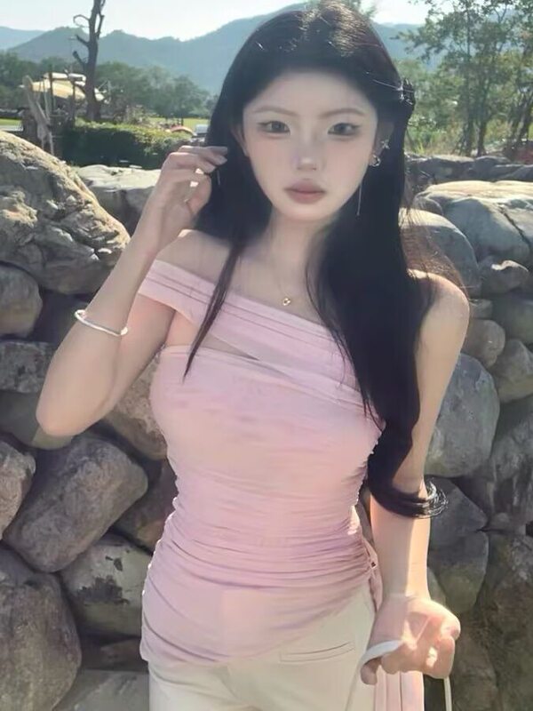 American-Style Off-Shoulder Sexy Single-Shoulder Sleeve Asymmetrical Pleated Sleeveless Mesh Slim-Fit Side-Tie Strapless Top for Women