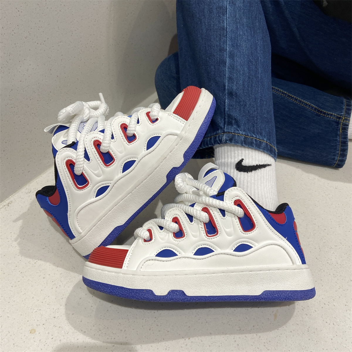 Freizeitschuhe Für Damen Und Herren Mit Dicker Sohle Weiß Blau Rot_voghion.com
