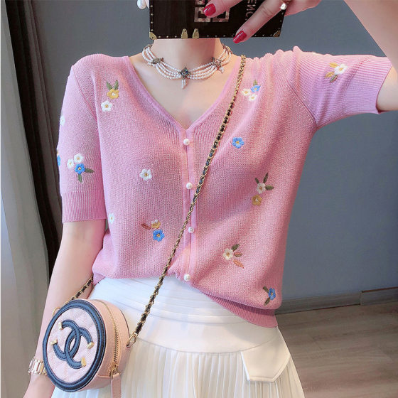 2025 New Summer Ice Silk Embroidered Knitted Sweater Women's Beaded plus size chubby girl Short-sleeved T-shirt Loose Slimming Top