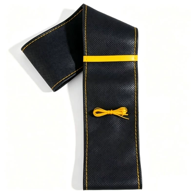 Steering wheel cover Steering Wheel Cover 38cm - universal-diy-hand-sewn-car-seat-cover-black-leather-full-perforation-yellow-label-yellow-stitching-38cm
