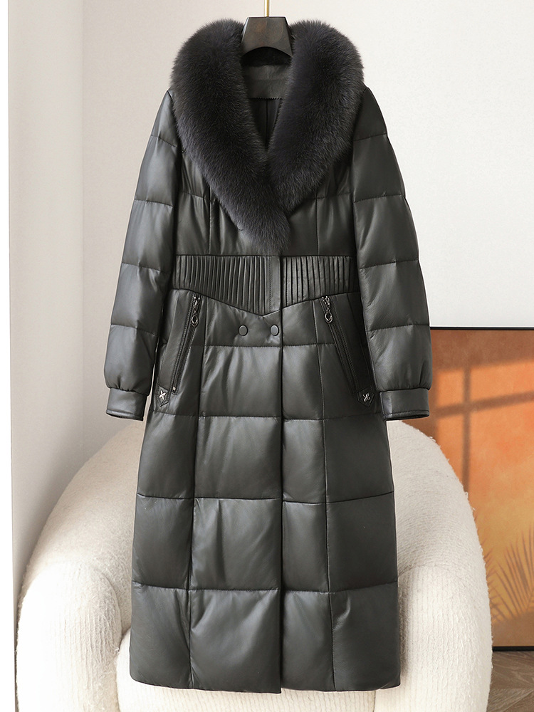 Haining abrigo de piel de cuero auténtico abrigo de plumón para mujeres otoño y invierno nuevo cuello de zorro de alta gama grueso abrigo de terciopelo para mujeres