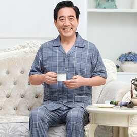 睡衣男棉质薄款短袖家居服套装夏天爷爷老年爸爸男士睡衣夏季格子