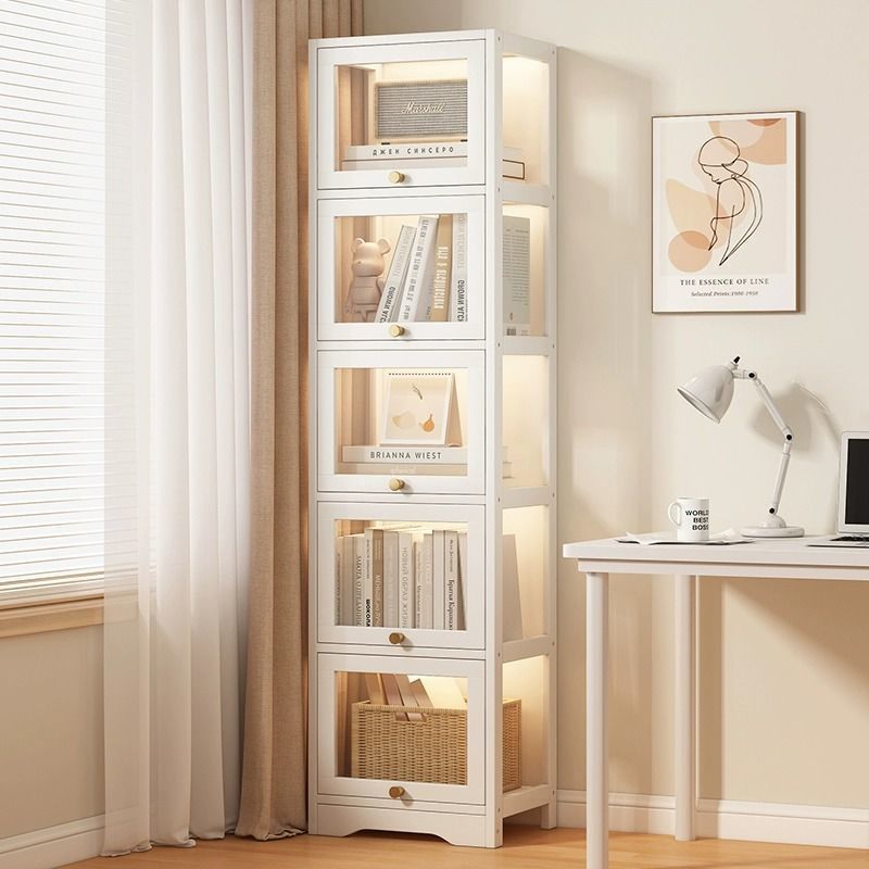 Acrylic Bookcase with Door Bookshelf Storage Rack Floor Home Living Room Wall Side Display Cabinet Storage Cabinet Gap Cabinet