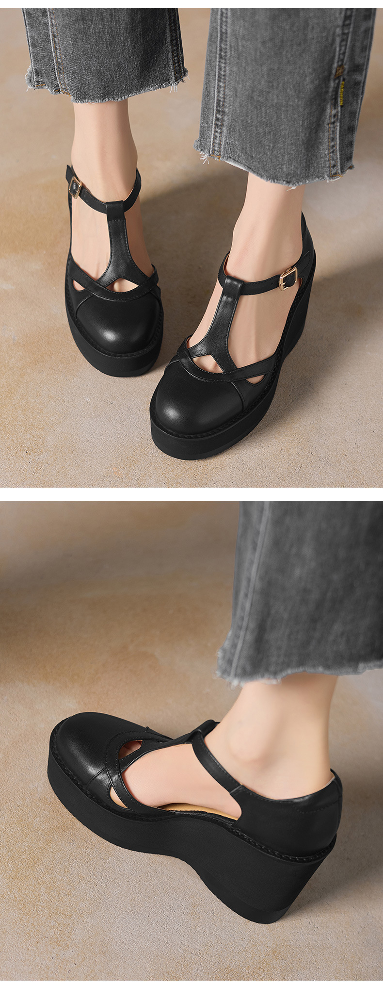 Sandal cao gót nữ quai ngang khóa T, đế dày platform, gót 9.5 cm — đen chi tiết 6