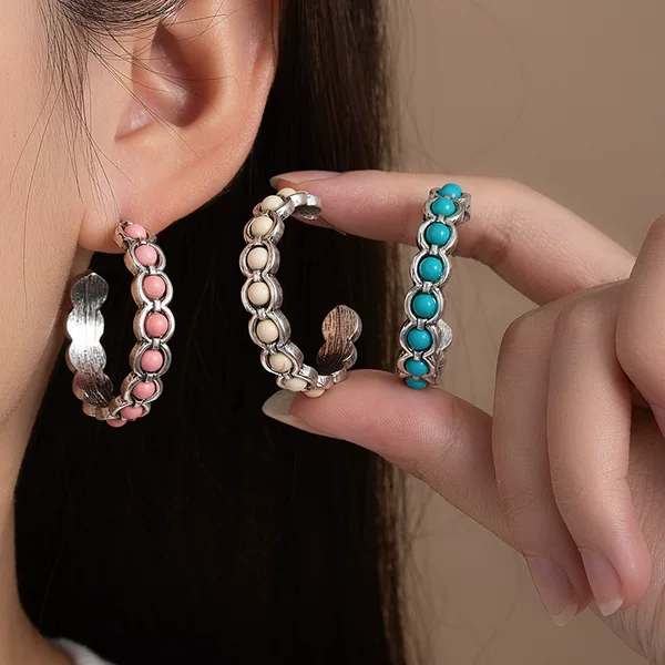 Retro Western Style Turquoise Large Circle C-Shaped Earrings Bohemian Style Earrings High-End Niche Design Earrings