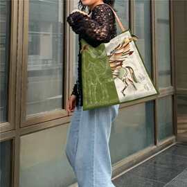 复古艺术印花托特包女大容量单肩包2025新款国风撞色手提包
