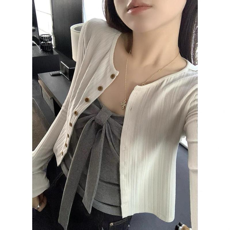 蝴蝶结设计吊带内搭背心+坑条针织开衫薄款短款外套|undefined