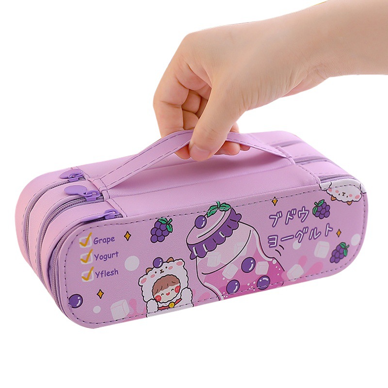 Estuche de lápices de gran capacidad de dibujos animados lindo de tres capas de alto aspecto para niñas caja de papelería para estudiantes de secundaria