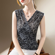 吊带背心女2025年新款女装交叉V领印花网纱欧货小衫气质无袖上衣