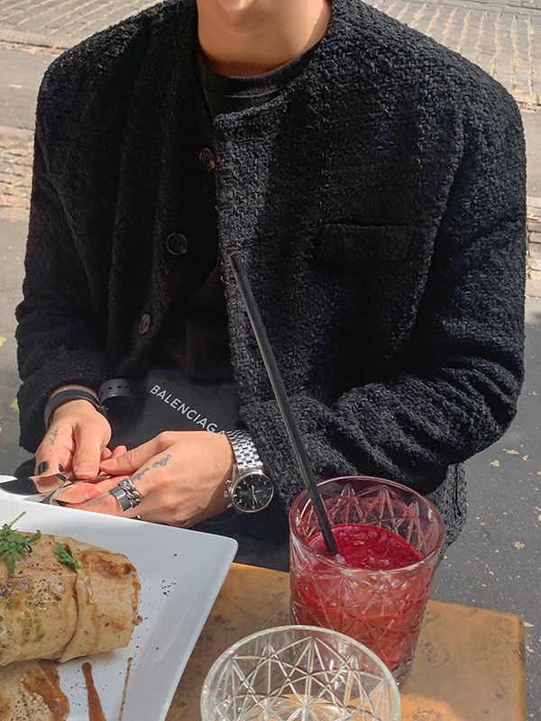 Chanel estilo de los hombres sueltos casual sin cuello chaqueta primavera y otoño estilo coreano de moda Delgado cuello redondo de manga larga chaqueta de los hombres