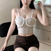 纯欲性感蕾丝花边拼接撞色格子吊带背心女韩版辣妹带胸垫短款上衣