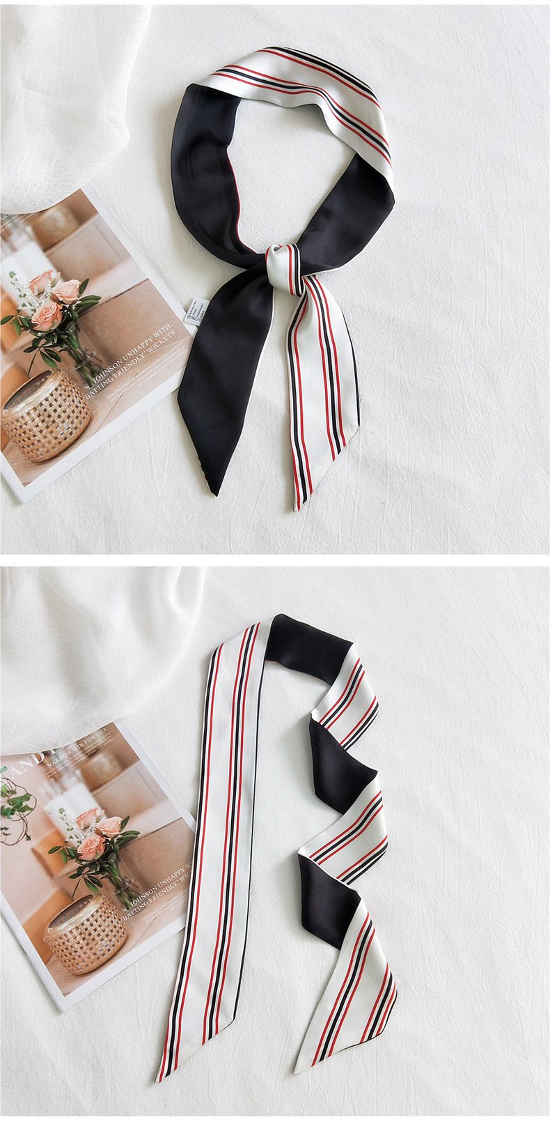 30g Weight Silk Scarf Classification Travel Occasion Unisex Gender Sweet Style Khaki, Grey, White, Purple, Red, Green, Blue, Yellow, Black Color Fashion Narrow Long Small Silk Scarf 20